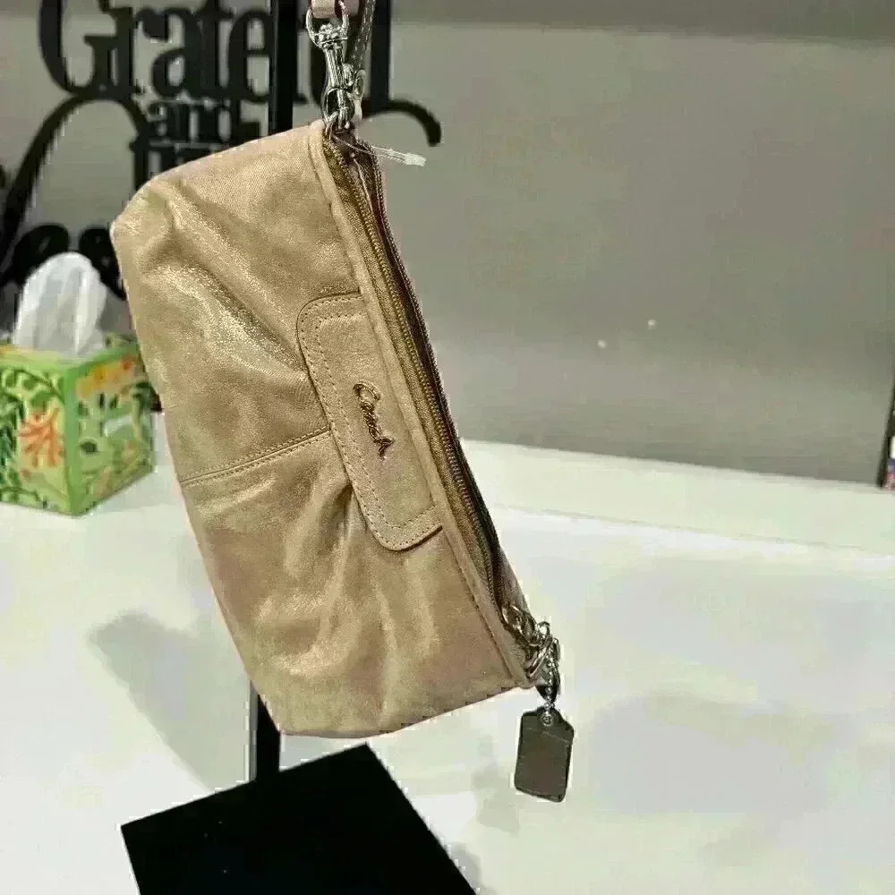 Coach Wristlet Handbag Leather Gold Metallic Shimmer Silver Hardware Rectangle